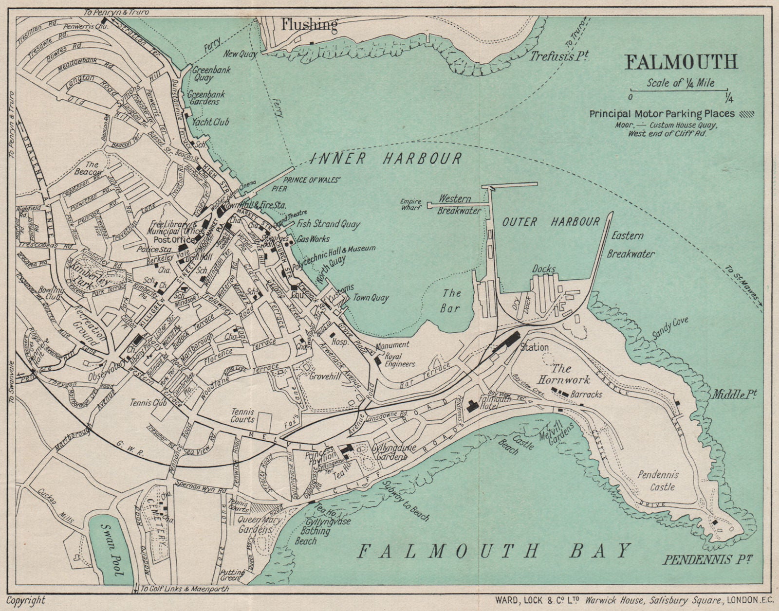 FALMOUTH vintage town/city plan. Cornwall. WARD LOCK 1937 old vintage map